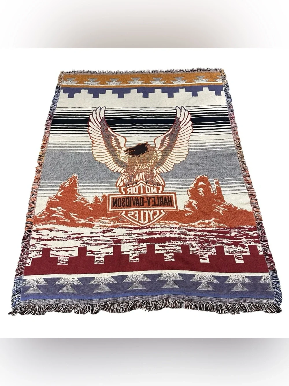 Harley-Davidson Eagle Woven Throw Blanket Southwestern Fringe Tapestry 71x51 USA